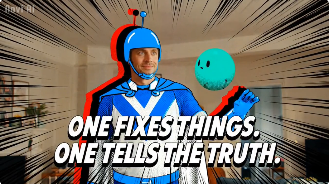 Frank, a comic-style caped telecom hero, and Ping, his small glowing teal sidekick